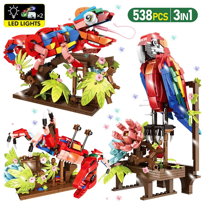 

MOC 3 in 1 Amazon Jungle Series Building Blocks Simulation Animal Model Parrot Chameleon Crab Cartoon Bricks Toys for Kids Gifts
