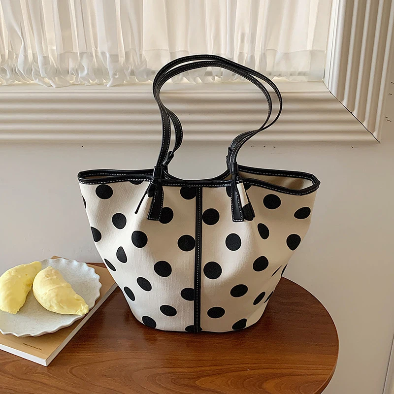 Polka Dot Colorblock Straw Woven Bucket Tote Bag,Women Contrast Color Shoulder Bag, Lightweight Casual Summer Beach Handbag