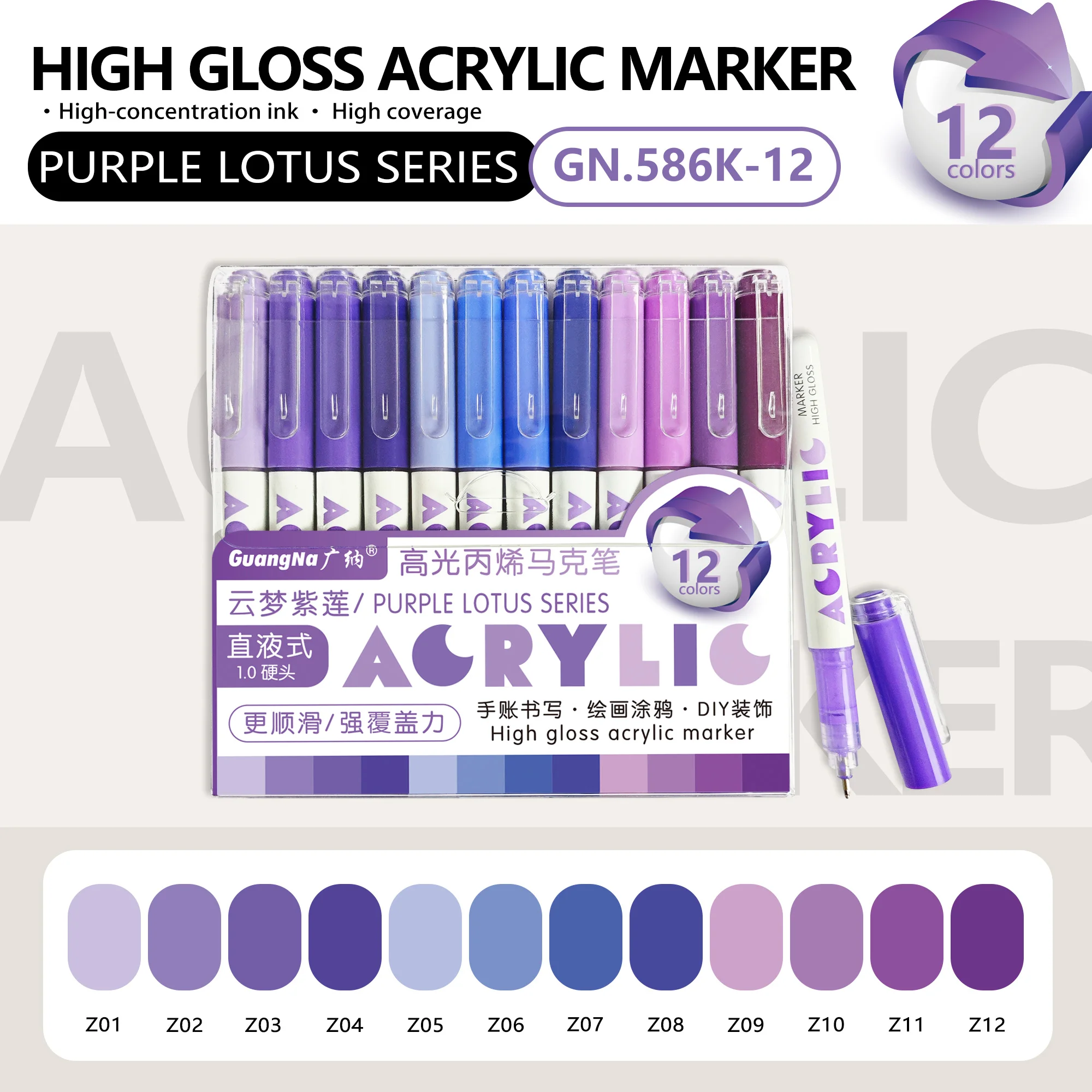 GuangNa 168/12 Kleuren Hoogglans Acrylmarker Set - Premium Direct Liquid Verfpennen voor Kunst, Schilderen, Handlettering & DIY