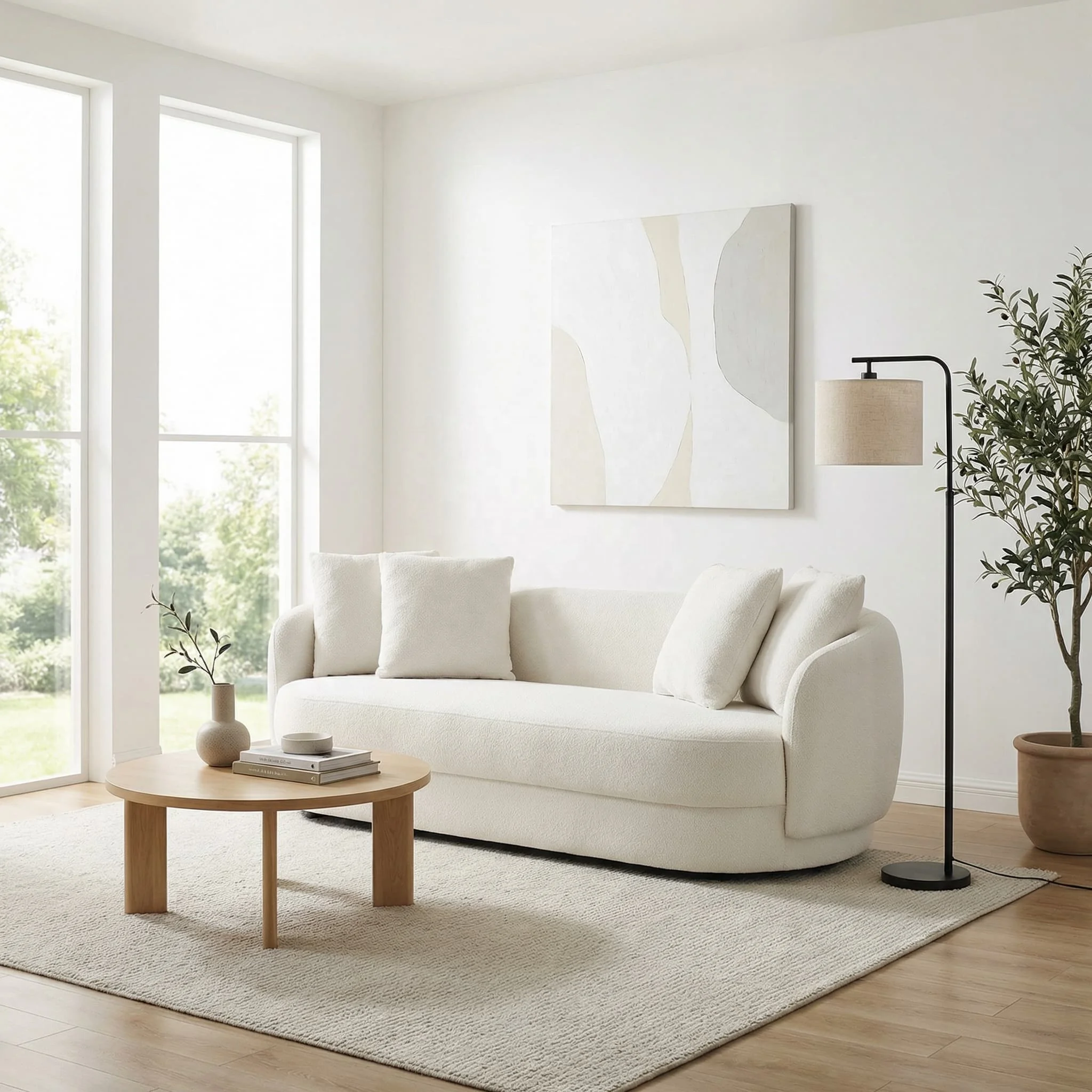 #Cream Style Curved Lamb Fleece Fabric Sofa 3Seater Straight Sofa for Home Living Room Simple Modern Leisure Sofa