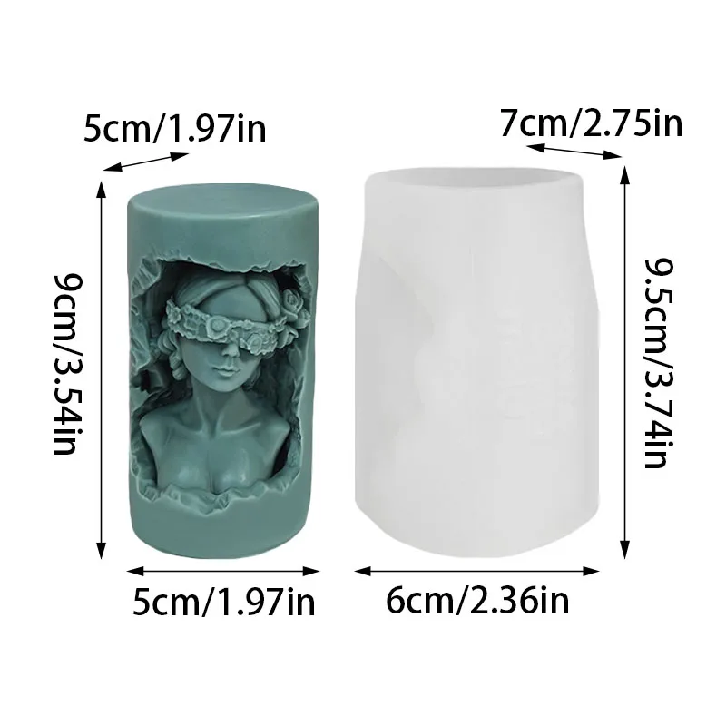 Vintage Blindfolded Flower Goddess Cylindrical Scented Candle Silicone Mold, Black Gold Broken Shell Portrait DIY Plaster Resin Ornament Mold