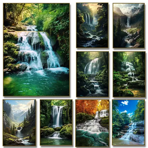 Cachoeira moderna lago montanha paisagem pintura em tela impressão sem moldura arte da parede cartaz para sala de estar decoração casa