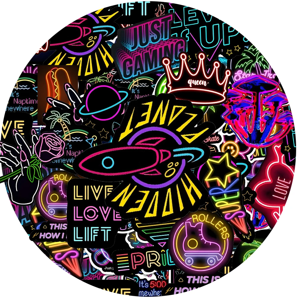 

10/30/50pcs Cartoon Neon Light Graffiti Stickers Toys DIY Notebook Guitar Suitcase Bike Phone Cool Waterproof Kids Sticker Gifts