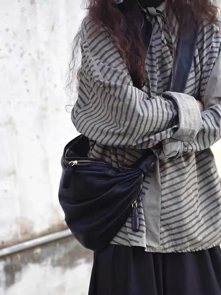 

ey Stripe Tie-Detail Long Sve irt Women's Premium Feel Top Autumn 2025 Casual Sle Loose Fit Mid-Length Inner Wear