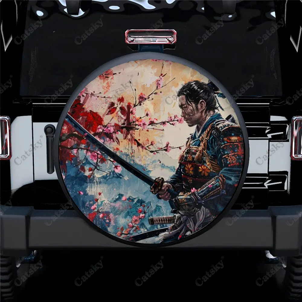 Samurai Sword Plum Blossom Universal Car Spare Tire Cover Auto Accessories Wheel Protect for Trailer SUV Truck Camper14-17inch