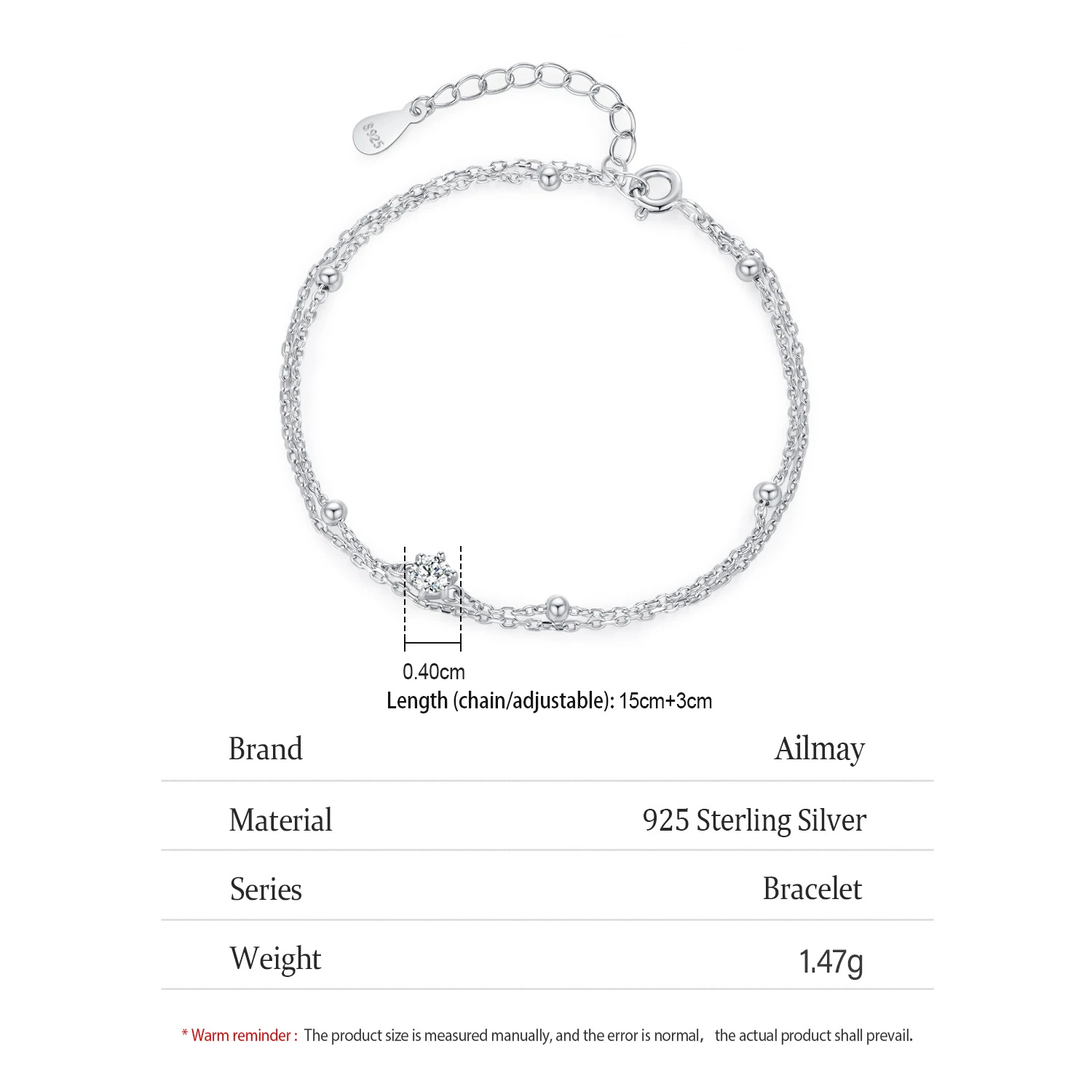 Ailmay mode 925 en argent Sterling perles simples ligne chaîne Bracelets pour femme classique charme Double couches Bracelet bijoux