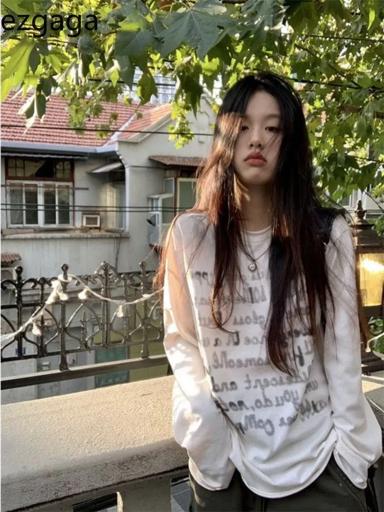 

Ezgaga T Shirts Women Long Sleeve Loose Letter Printed O Neck Vintage Y2k Aesthetic Harajuku Tops Female Tee Shirt Casual