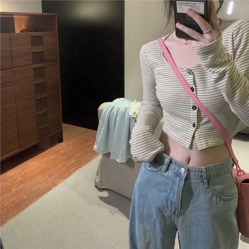 

Slim Fit Long Sve Cotton T-irt Women's Sle Cleanfit Retro American Autumn New Pure Cotton Ribbed ort Top Trendy