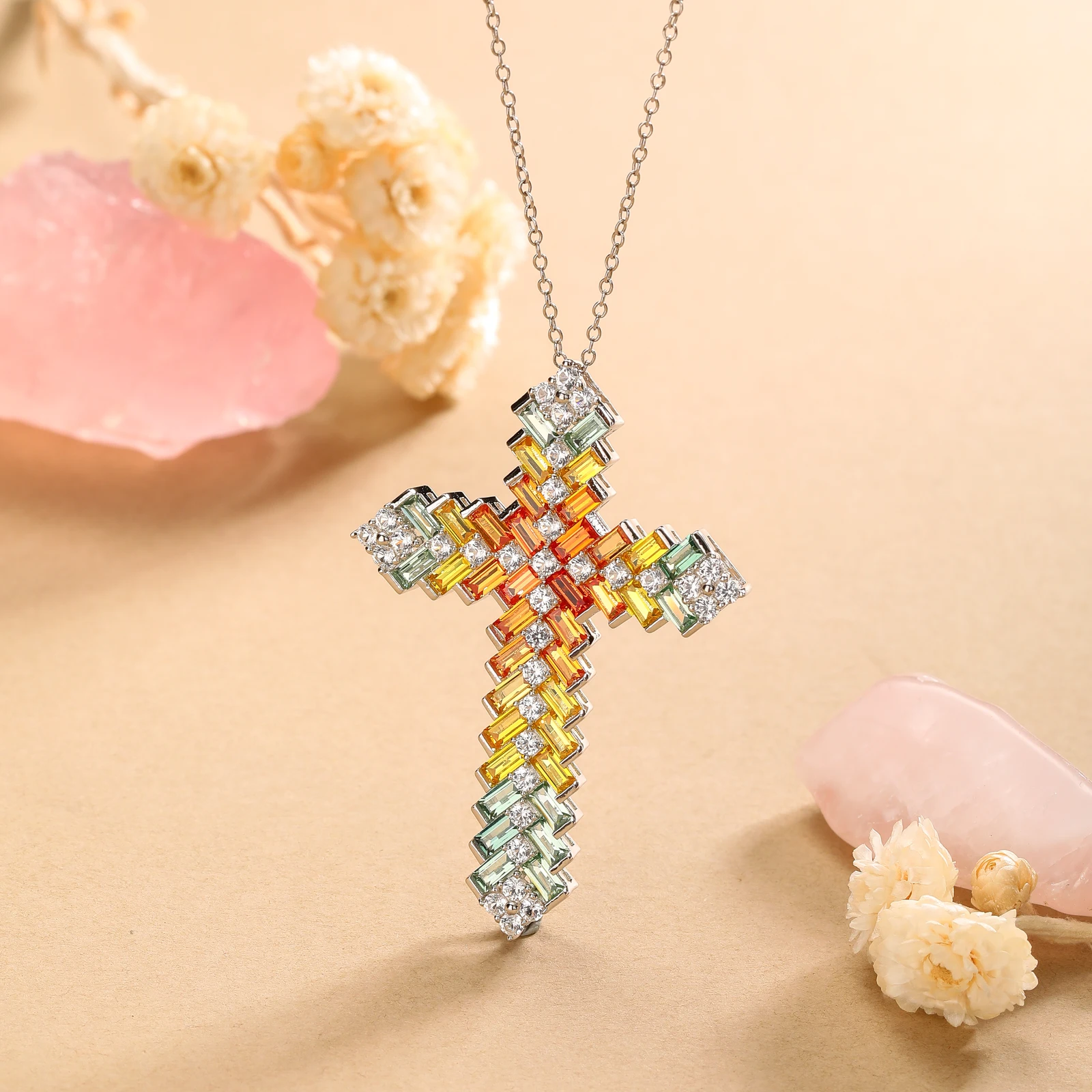 GZ ZONGFA 925 Sterling Silver Colorful Cross Necklace for Women 6.5ct Created Colorful Gemstone Sapphire Necklaces Fine Jewelry