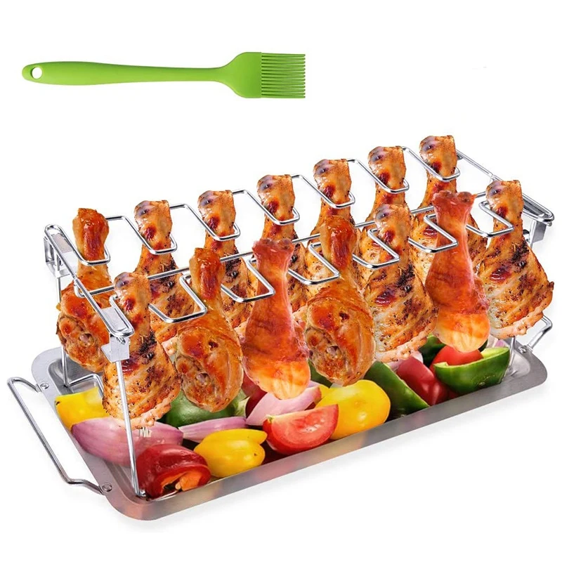 

Barbecue Grill, Stainless Steel Grill With Drip Tray, With Silicone Brush, Can Hang Up To 14 Chicken Legs And Wings