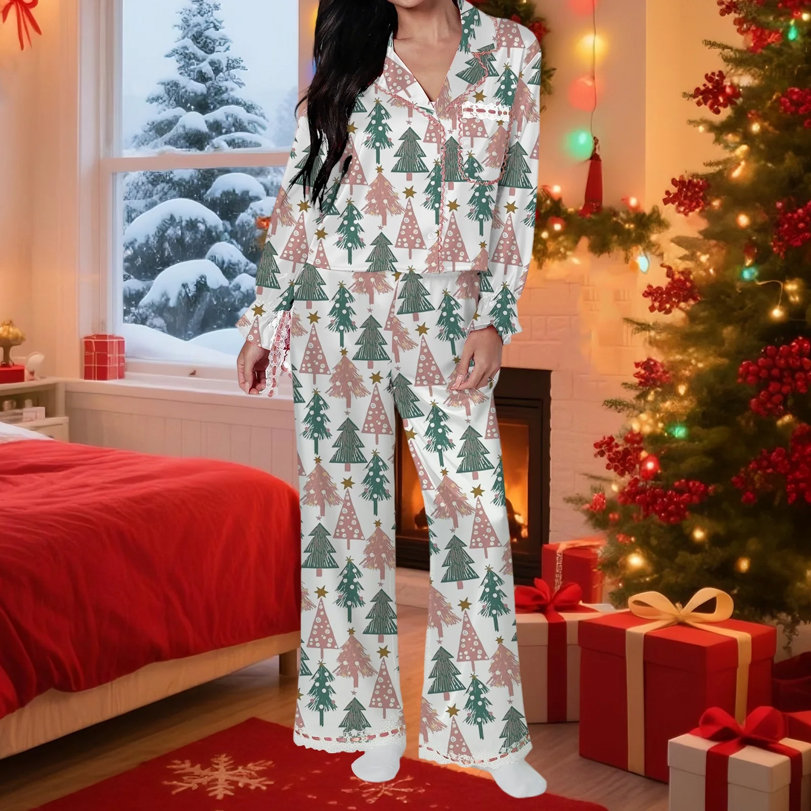 

Christmas Women’s 2 Piece Pajama Set Long Sleeve Graphic Print Shirt + Pants Set Loungewear