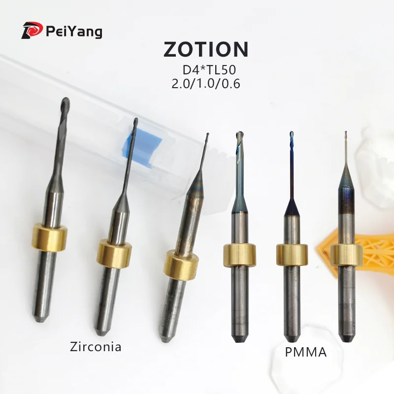 Zotion Milling Machine Burs for Zirconia Wax PMMA Milling Cutters Diamond Coated Shank D4mm Length 50mm Ideal for Dental Lab