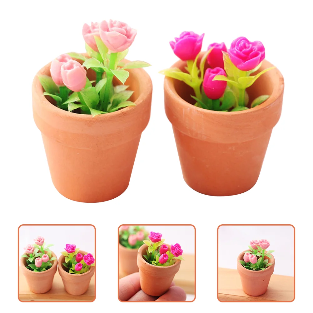 2 Pcs Miniature Rose Green Plants Dollhouse Accessories Smooth Realistic PVC Ceramic Tiny Bonsai Fine Motor Skills