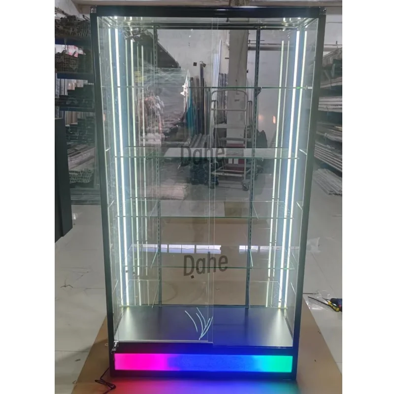 Custom. retail vitrine display cabinet with colorful LED light aluminum frame showcase for smoke shop lockable glass display cas