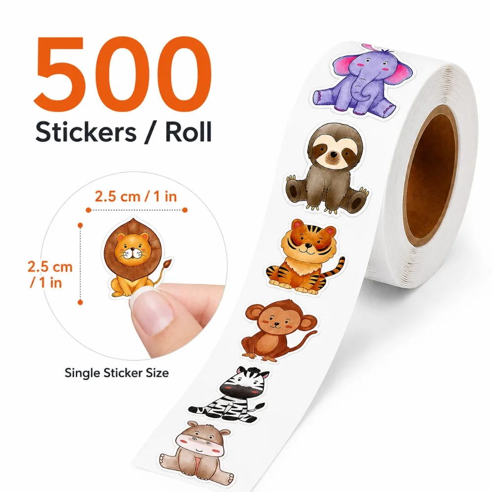 Animal Reward Stickers 500/Roll 2.5cm Art Label Set for Kids Learning Classroom Scrapbooking Gift Decor and Party Crafts