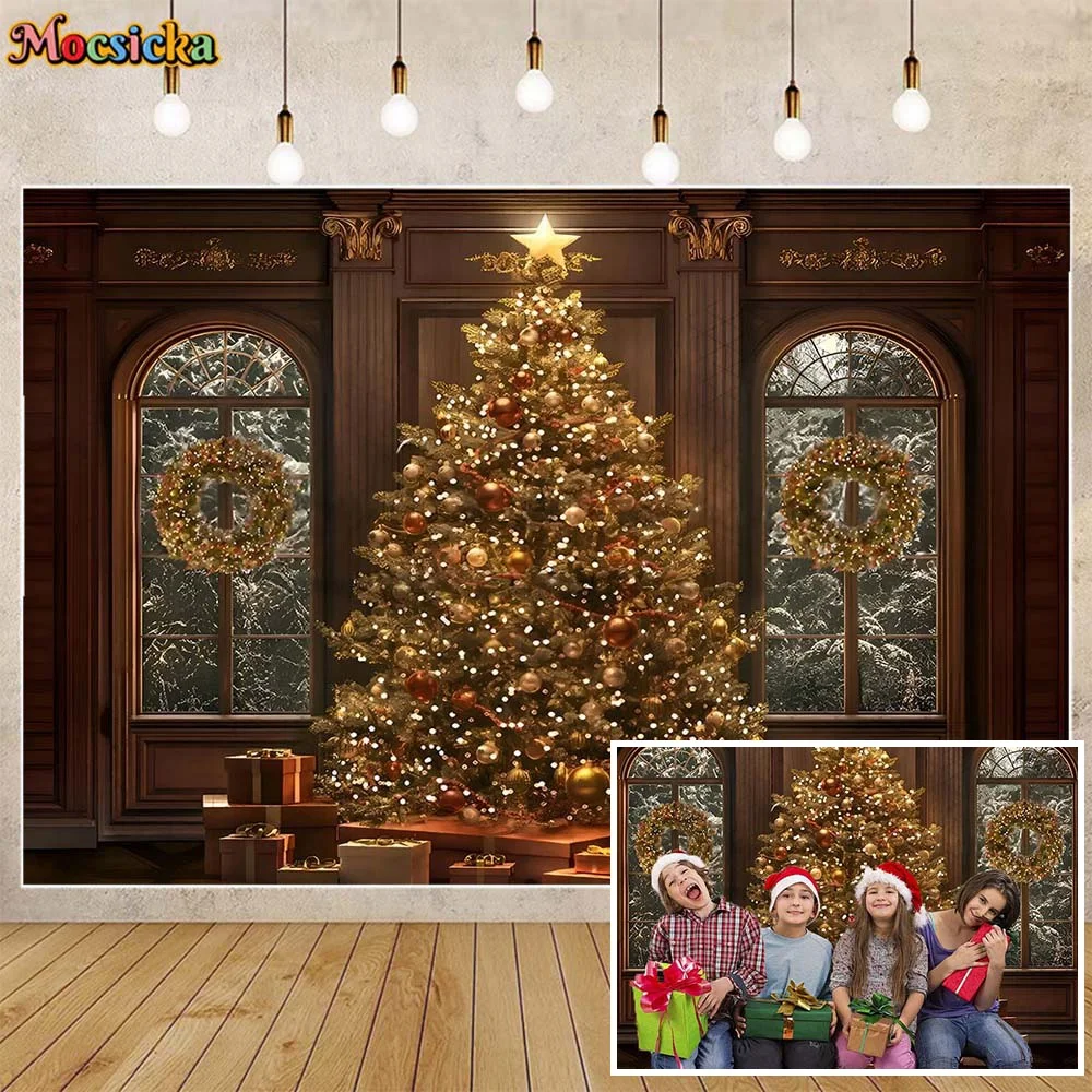 

Mocsicka Christmas Tree Backdrops for Photography Brown Vintage Wall Window Wreath Xmas Decor Children Portrait Photo Background