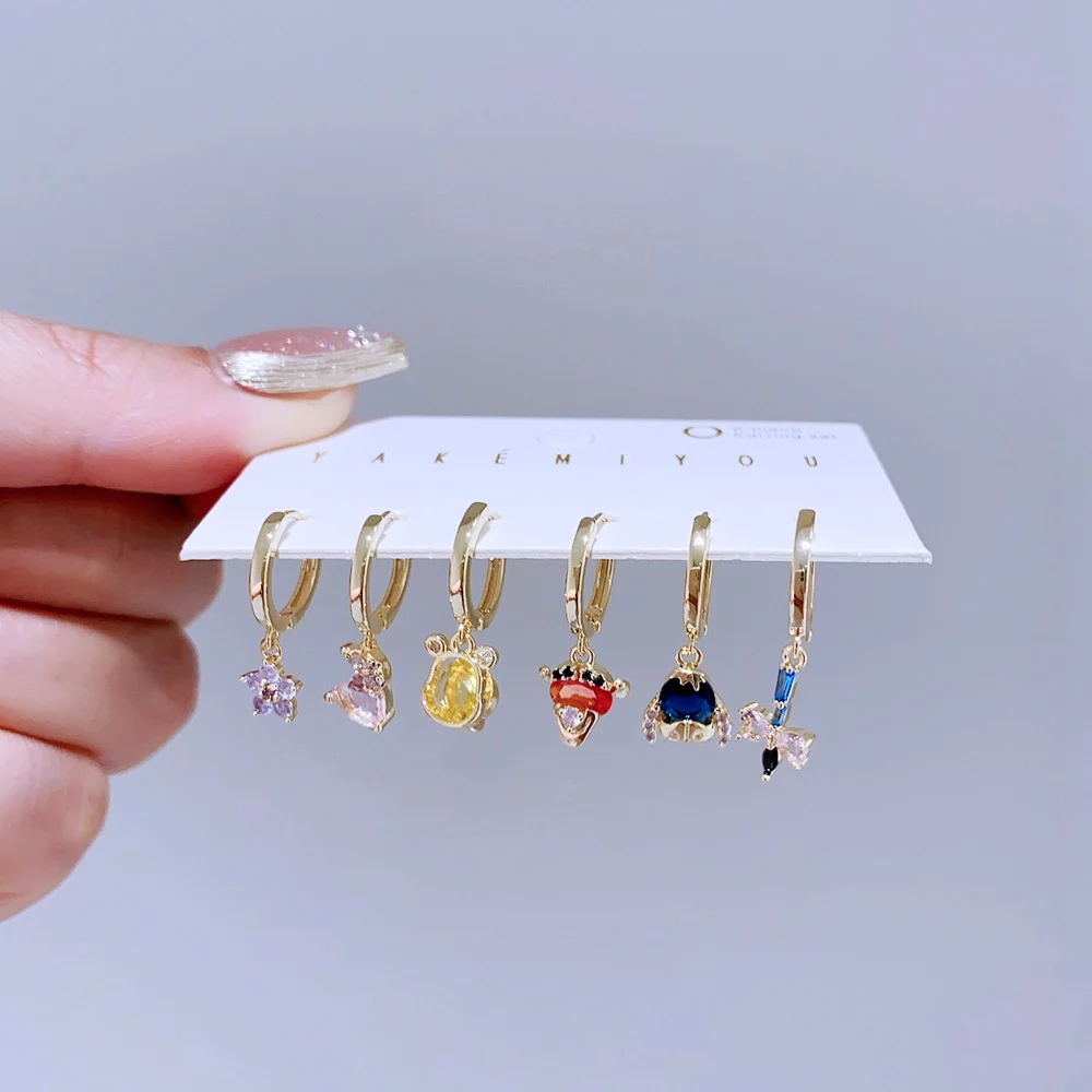 1 SET Muiticolor Cubic Zirconia Sweet Cartoon Animals Huggie Hoop Earrings for Women Girls Gold Color Jewelry