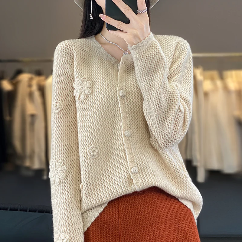

New FRSEUCAGO Collar Cashmere Knitted Cardigan Women's Sweater Fashion Exquisite Coat Women's Full Sleeve 100% Pure Wool Sweater