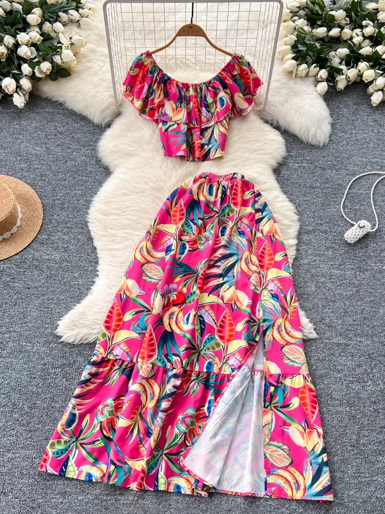 

Vacation Style Matching Sets Slash Neck Pleated Crop Tops High Waist Long Skirts Flower Print Female Slim Women's Clothing 2025