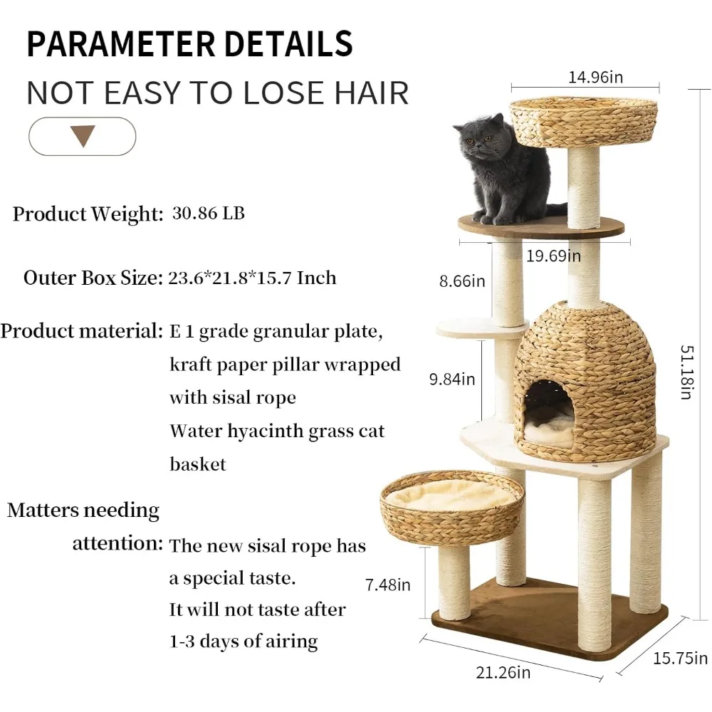 Modern Cat Tree Tower for Large Cats, Cat Furniture Scratching Tree for Indoor Cat, Real Natural Water Hyacinth Cat Condo, Manua