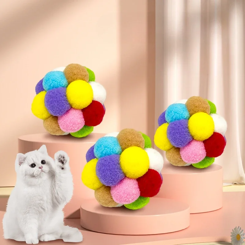 Cat Toys Cat Plush Ball Toy Pet Elastic Bell Ball Self Hi Ball Playing Cat Colorful Woolen Balls Interactive Plush Toy