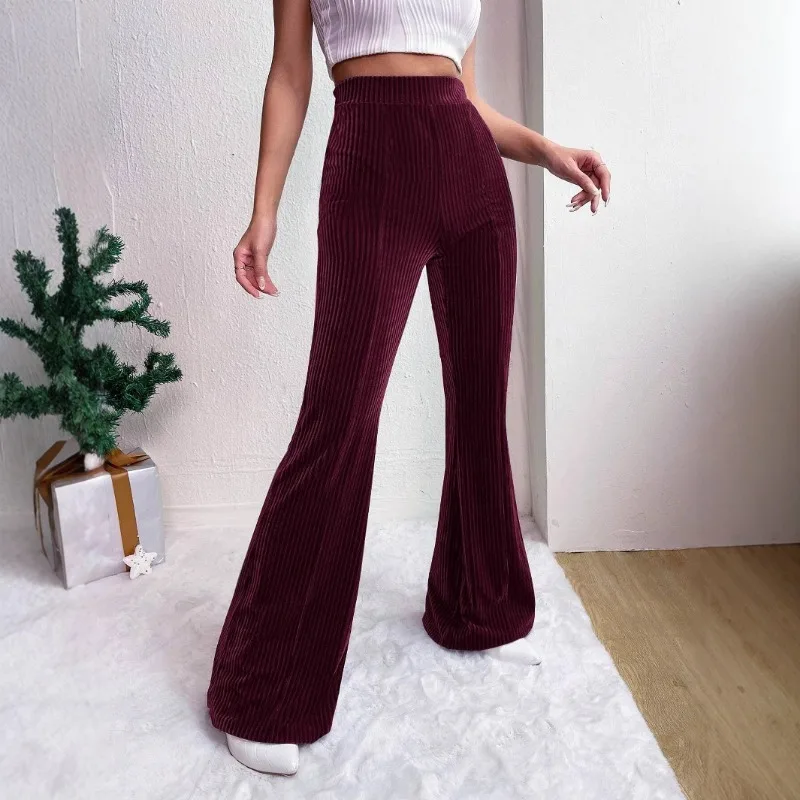 Women High Waist Corduroy Flare Pants Elastic Solid Velvet Striped Casual Long Trousers