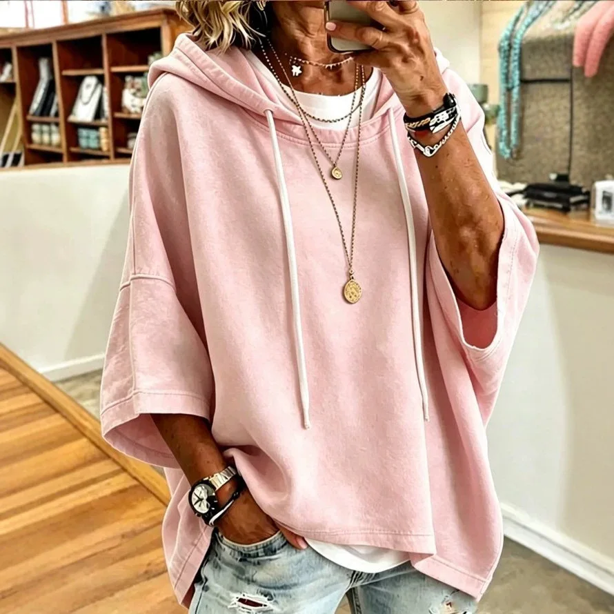 2026 New Solid-color Hooded. Drawstring Sweatshirt, Women's Autumn/winter Loose-fit Multifunctional Sportswear Top