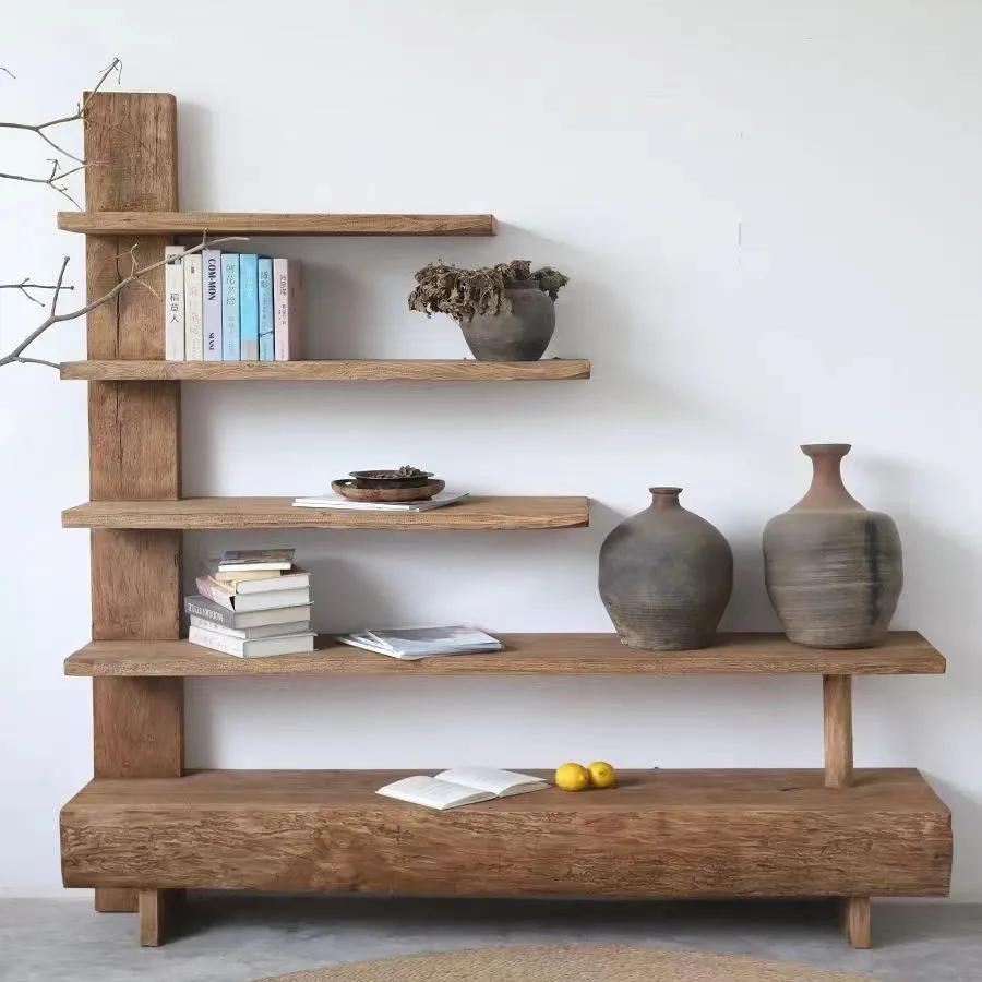 

Old elm bogu frame multi-layer shelf bedroom books tea set tea cup display rack log solid wood bookshelf