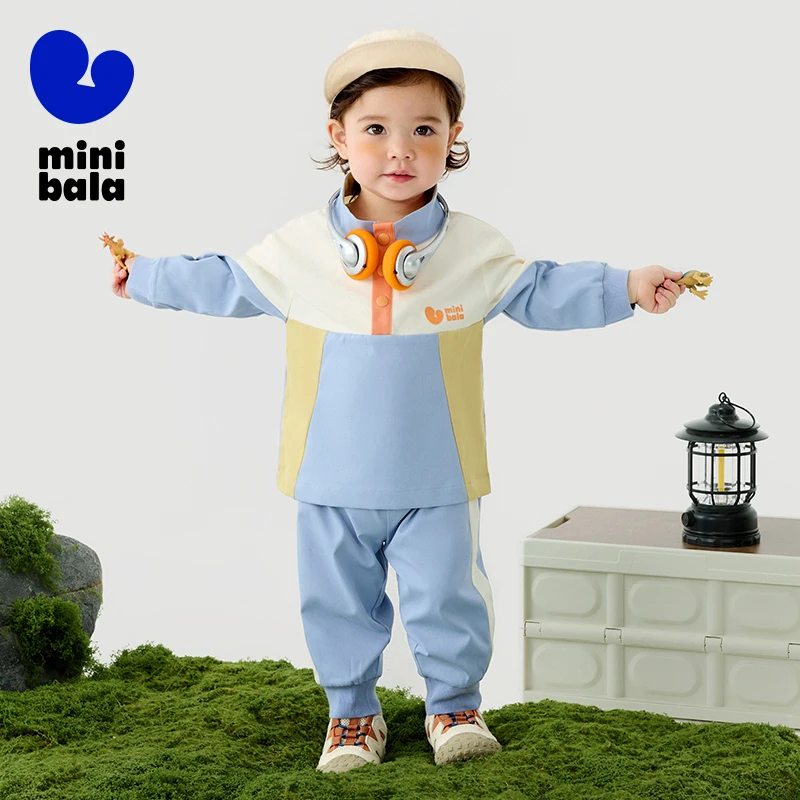 Mini Bala Fashionable Color-Blocking Long Sleeve  for Boys and Girls Trendy Top and Long Trousers Two-piece Set 2025 New Spring
