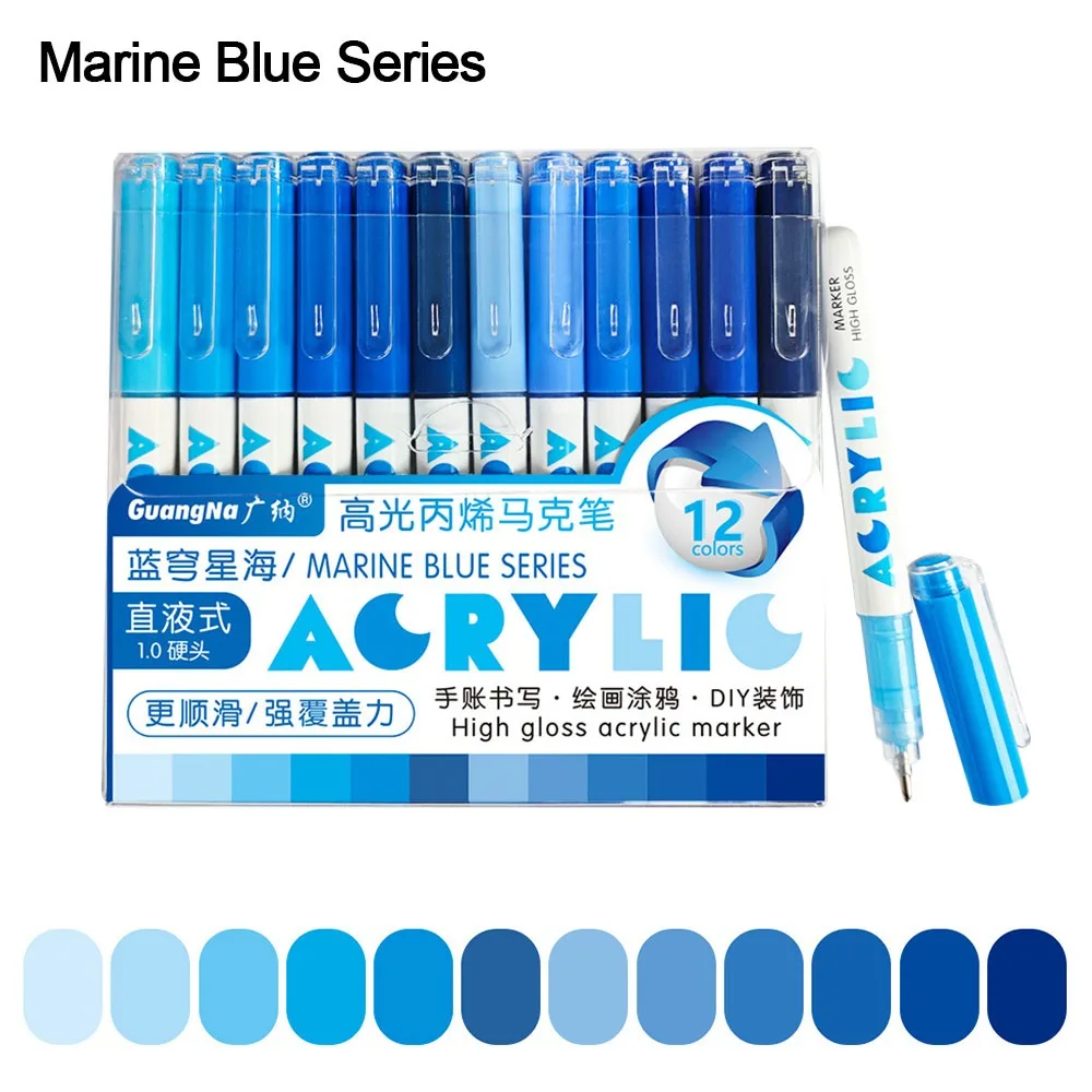 12-Colors Acrylic Marker Pen High Gloss Quick-Drying Art Watercolor Pen Hardhead Vibrant Colors Straight Liquid Marker