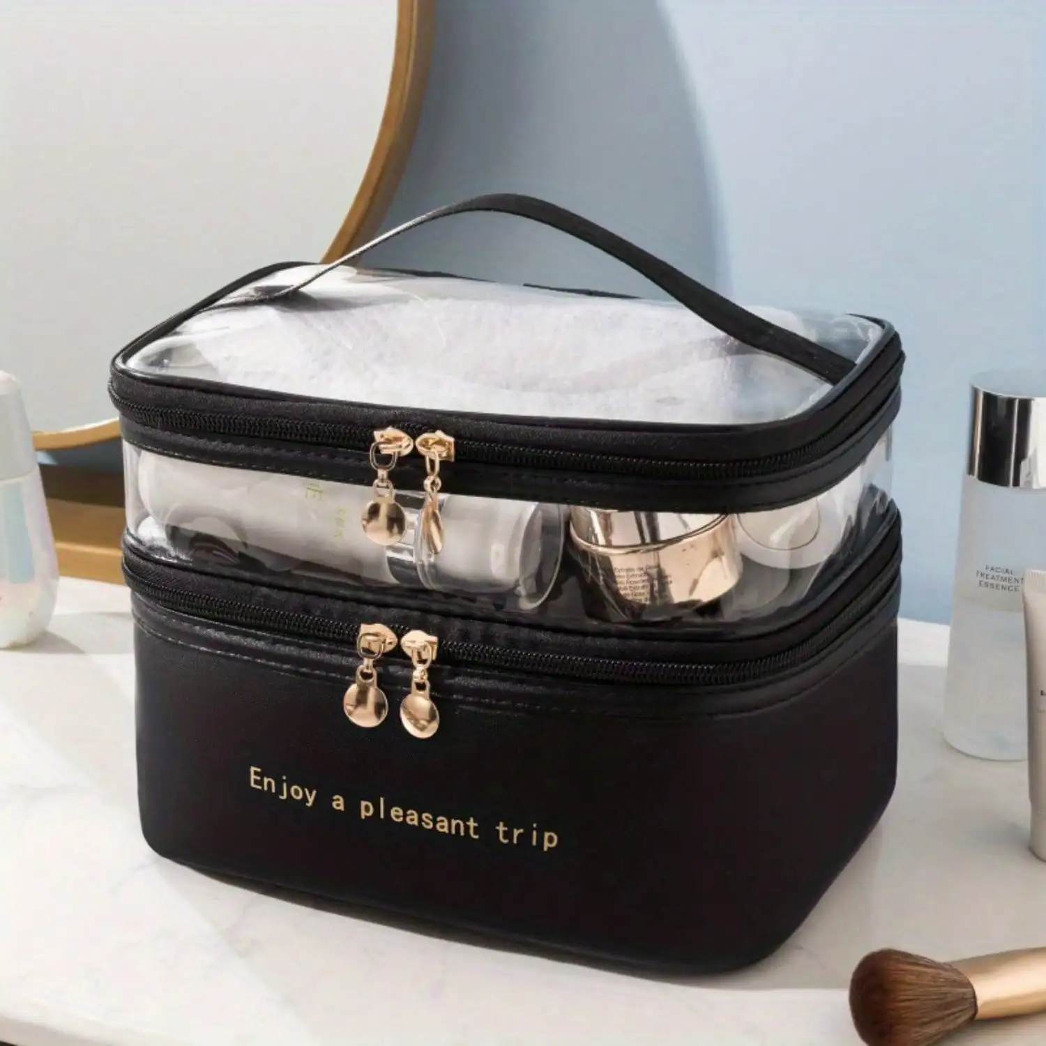 Large-capacity Double-layer Cosmetic Bag - Stain Resistant, Water-resistant, Fashionable Faux Leather Travel Bag