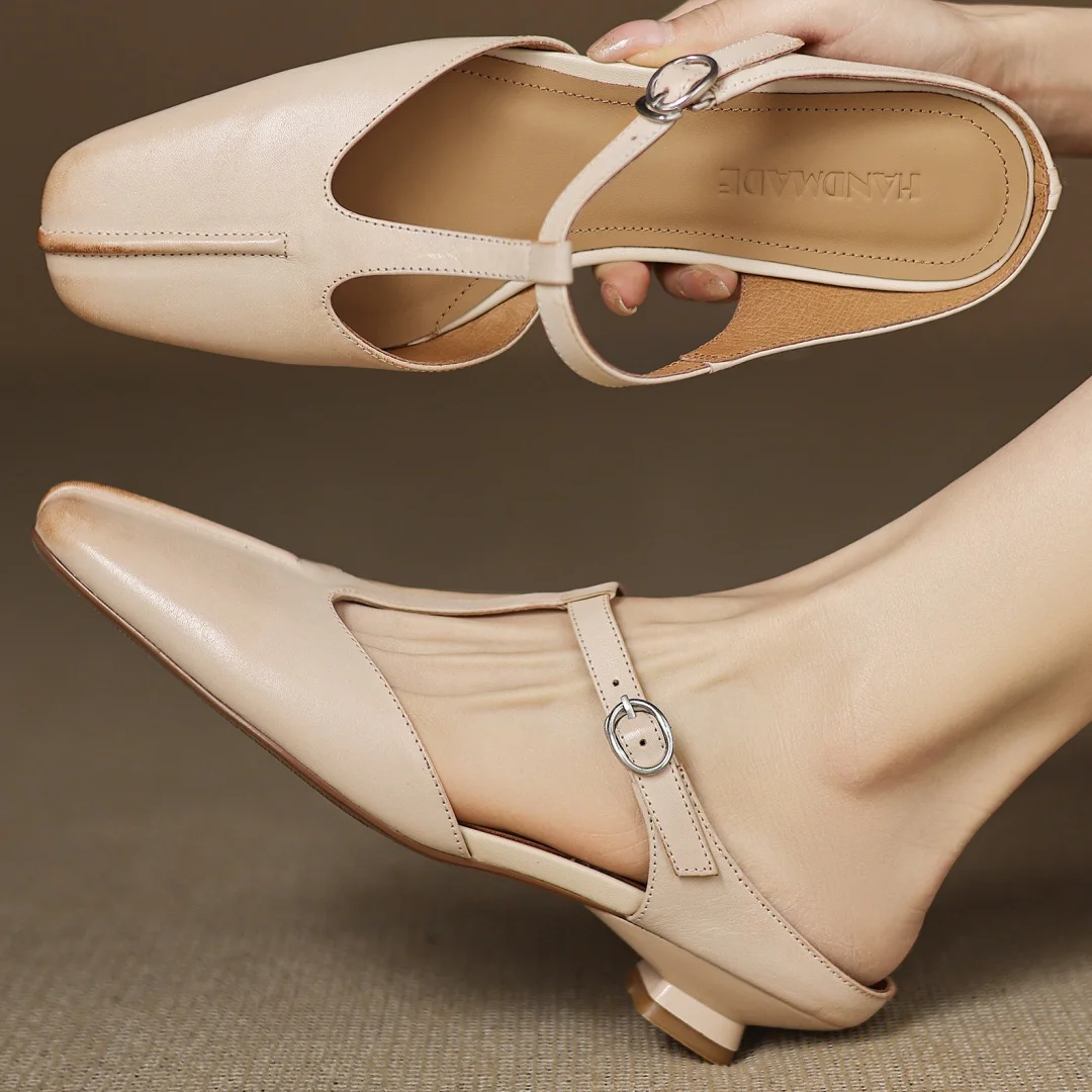 

danxuefei women's cow leather narrow band t-strap slip-on kitten heel summer mules elegant ladies daily slim dress slides sandal