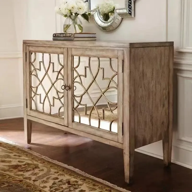 French Country Weathered Oak Mirror Decorative Buffet Cabinet for Corridor
