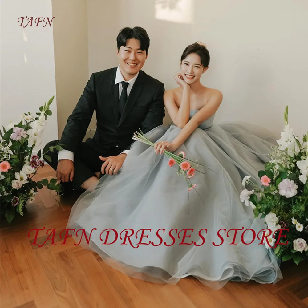 TAFN Simple Dusty Blue Evening Dresses Korea Photo shoot Tulle Strapless Floor Length Wedding Gowns 촬영 Corset Back Customized