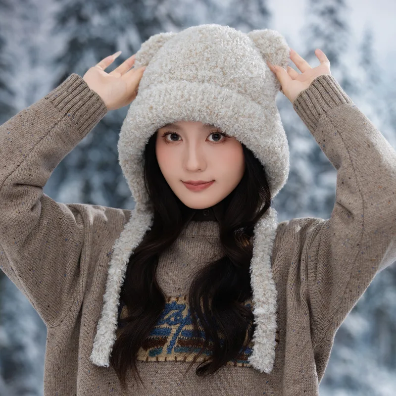 Women's Large Size Knit Hat with Bear Ears & Fleece Lining - Korean Style Cute Pull-on Cap for Autumn Winter, Outdoor Thermal
