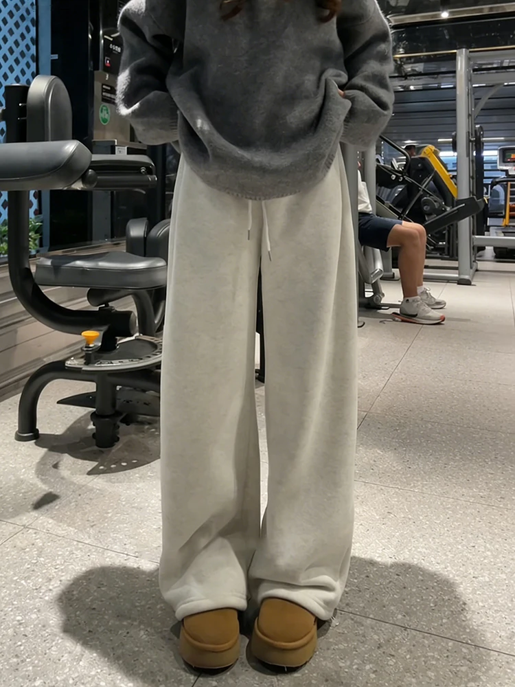 Extra Thick Fleece Lined American Style Bell Bottom Pants Grey White Casual Loose Fit Winter Trousers for Men And Women