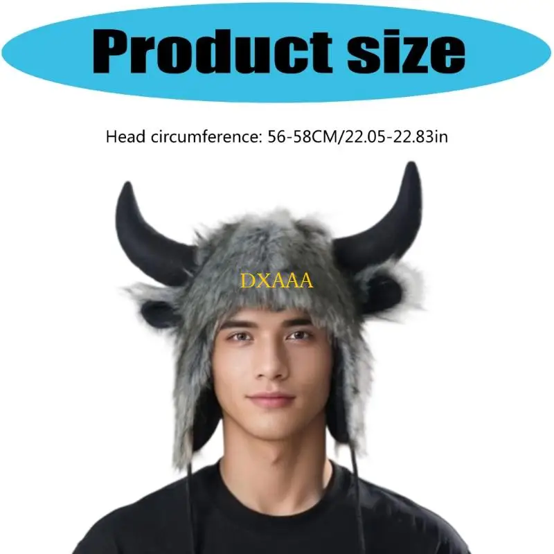 DXAA – chapeau Costume d'animal, couvre-oreilles en corne taureau, casquette Costume en peluche douce pour adultes,