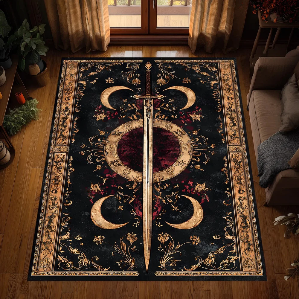 Dark Fantasy Sword Runner Rug Gothic Moon Pattern Non-Slip Washable Carpet for Hallway Living Room Bedroom Home Decor