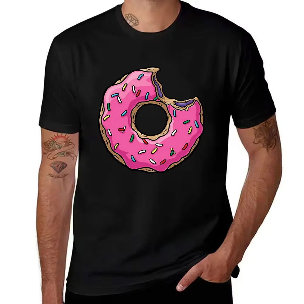 Men's Cotton Short Sleeve T-Shirt with Fun Bitten Pink Glazed Donut Print, Casual Summer Graphic Tee for Daily Wear