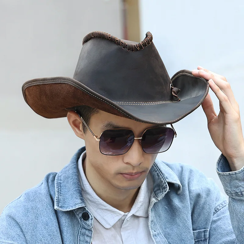 Men's All-Season Versatile Cowboy Hat - Daily Wear Retro Style Genuine Cowhide Hat (56-60cm) with Curved Brim, Hand Woven & Dist