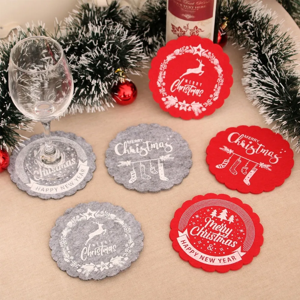 3Pcs Red Grey Christmas Wine Tea Cup Mat Xmas Tree Elf Drink Coasters Christmas Decoration Felt Dish Tray Pad Happy New Year