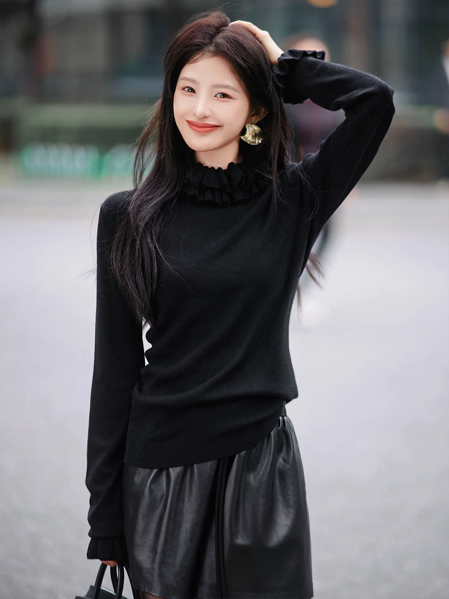 

Zhaodaxi Knitted Sweater Floral Design Camere Wool Double Layer Lace Hem Slim Fit Cold Resistant High Collar Bla Base Lay...