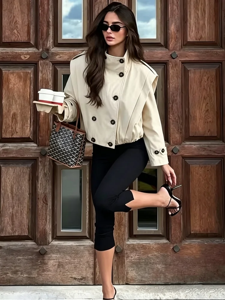 Autumn New Cropped Loose Trench Jacket Women Chic Stand Collar Double Breasted Epaulet Short Coat High Street Women Outerwear