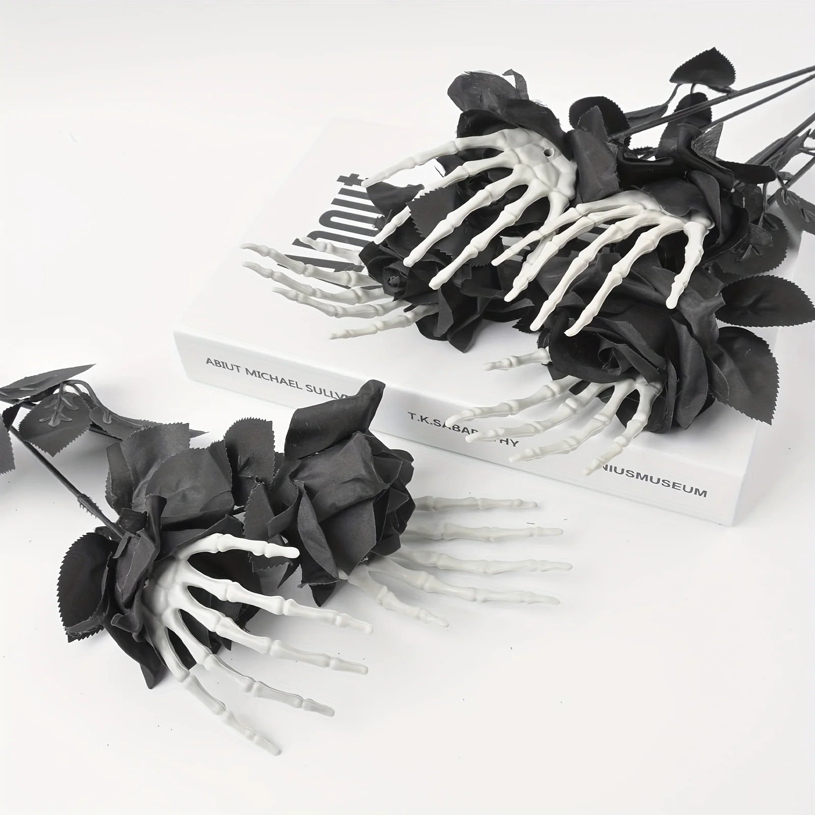 Plastic Black Artificial Roses with Skeleton Hands & Eucalyptus Leaves Halloween Spooky Skull Decorative Floral Bouquet Set