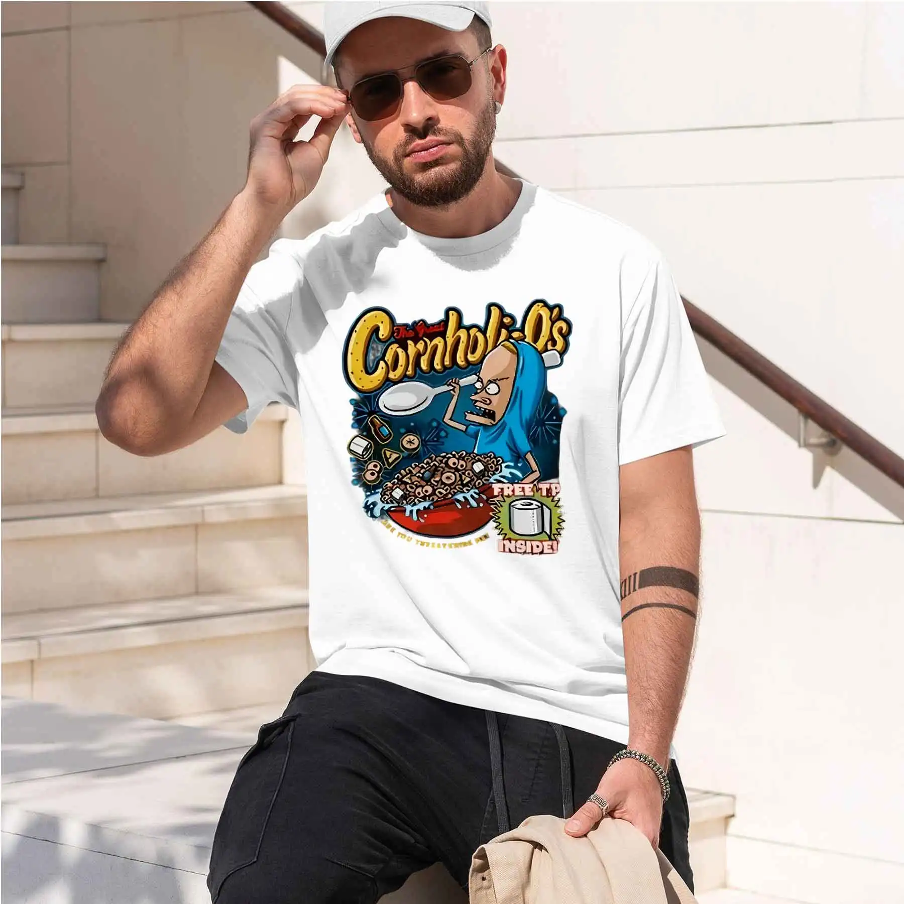 new printed T-shirt printed with  Beavis and Butt-Head Cornholi-Os Cereal Print Men's Casual Funny T-Shirt