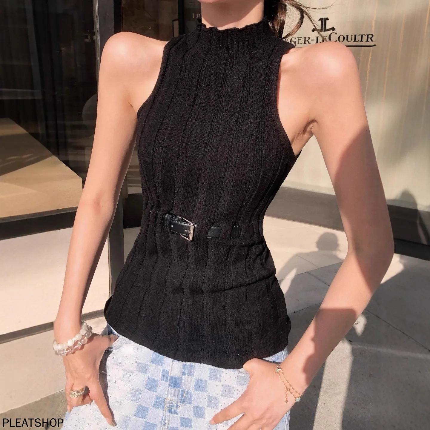 

Корректирующий фигуру ребристый вязаный воротник-стойка, высокоэластичный жилет с завязкой на талии для поездок на работу, черный жилет без рукавов, женский топ