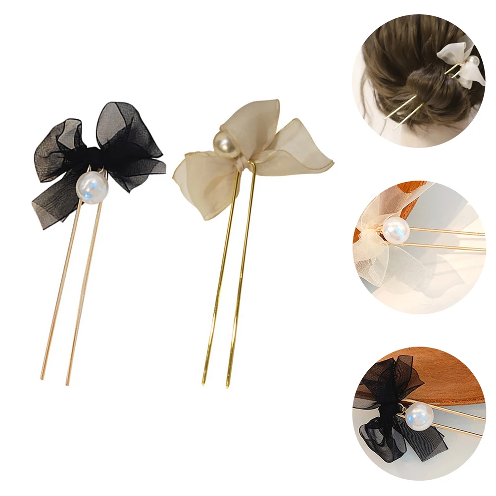 

2 Pcs Bow Hairpin U Shape Hair Accessories Iron Headdresses Black Yellow Decorative Bride Clips Lace Barrettes