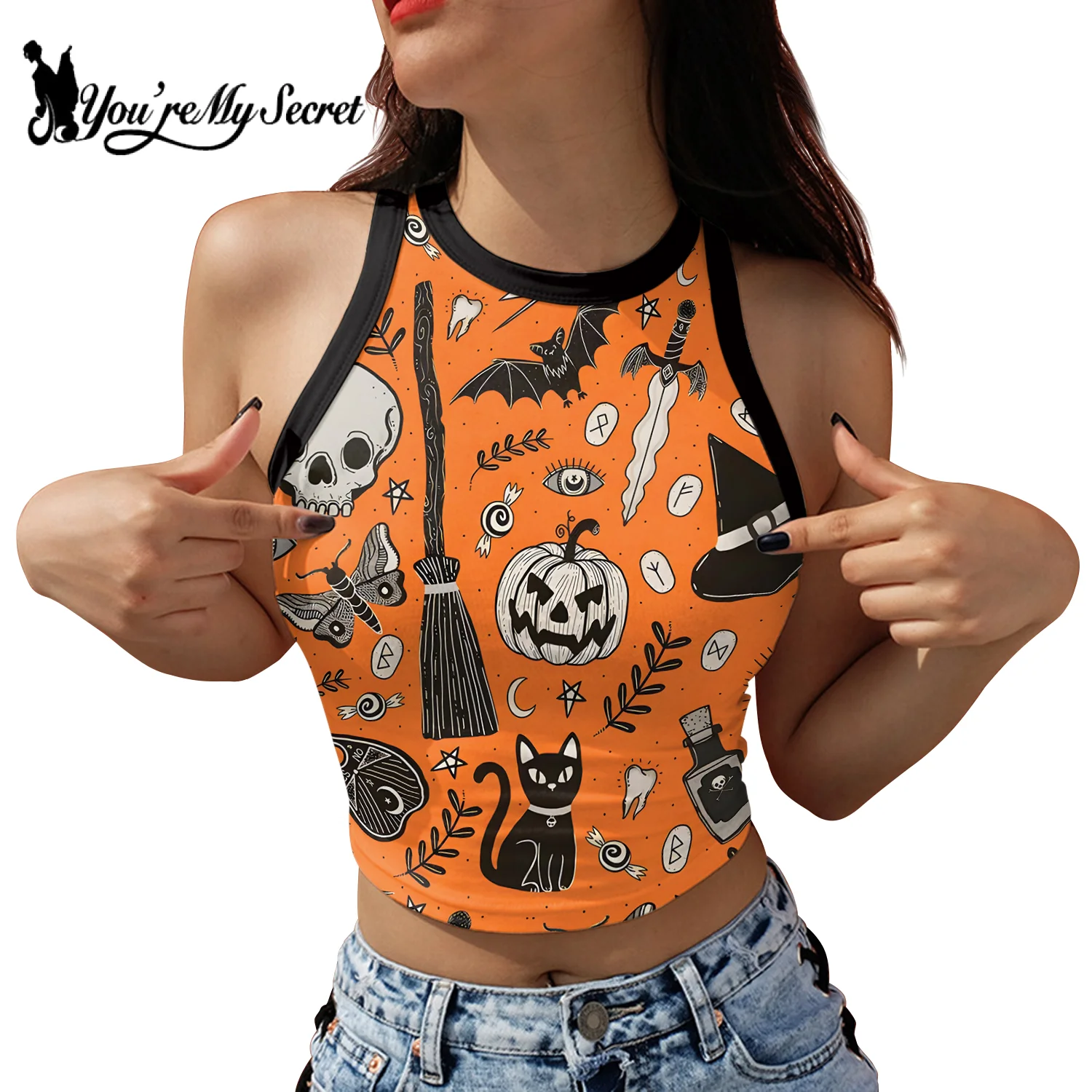 [You\'re My Secret] Halloween Women Summer Sleeveless Crop Top Y2k Gothic Skeleton Pumpkin Printed Streetwear Fitness Tops Tees