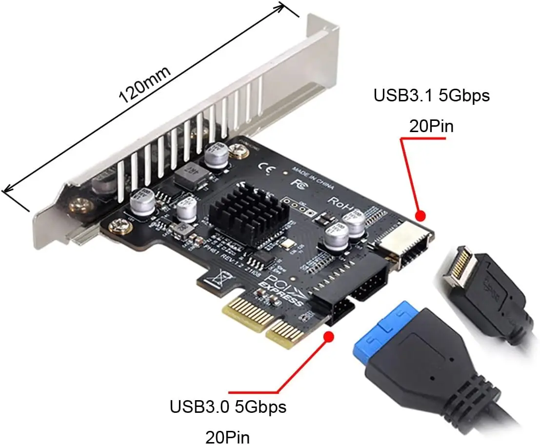 JoniSerl PCI-E to USB 3.0 Expansion Card 5Gpbs Type E PCI Express Card 19/20 Pin Header for Type C Front Panel Mount Adapter