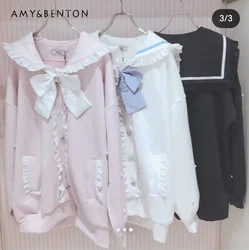 Japanese Liz Sweet Cute Sailor Collar Big Bow Long Sleeve Midi Hoodie Mine Mass-Produced Single Breasted Oversized Sweatshirt